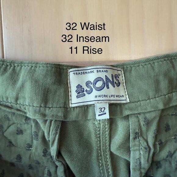& Sons Pants 32 Green Minimalist Streetwear Chino Buckle Back Army Military - Picture 5 of 9